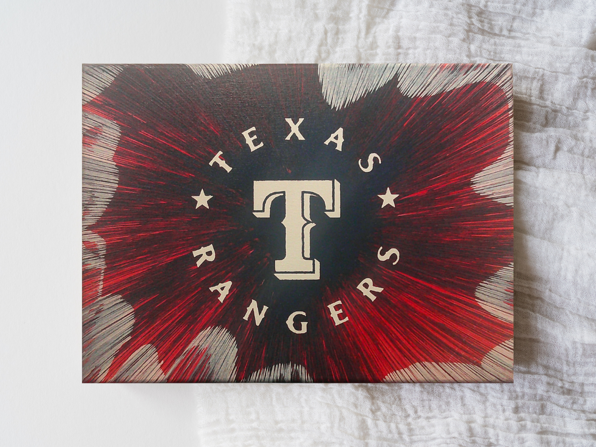 Texas Rangers Spin Art canvas wall art on a white textured background.