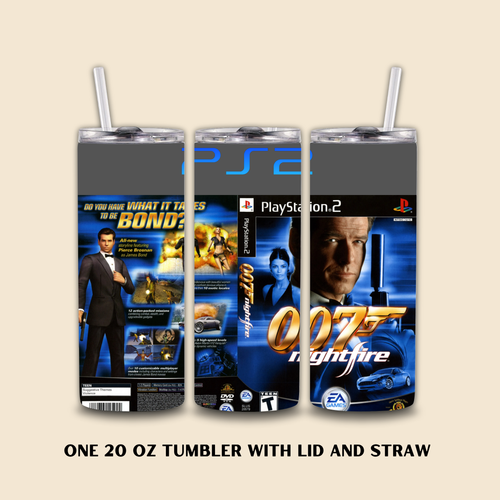 Three 20 oz tumblers with lids and straws featuring 007 Nightfire covers on a beige background.