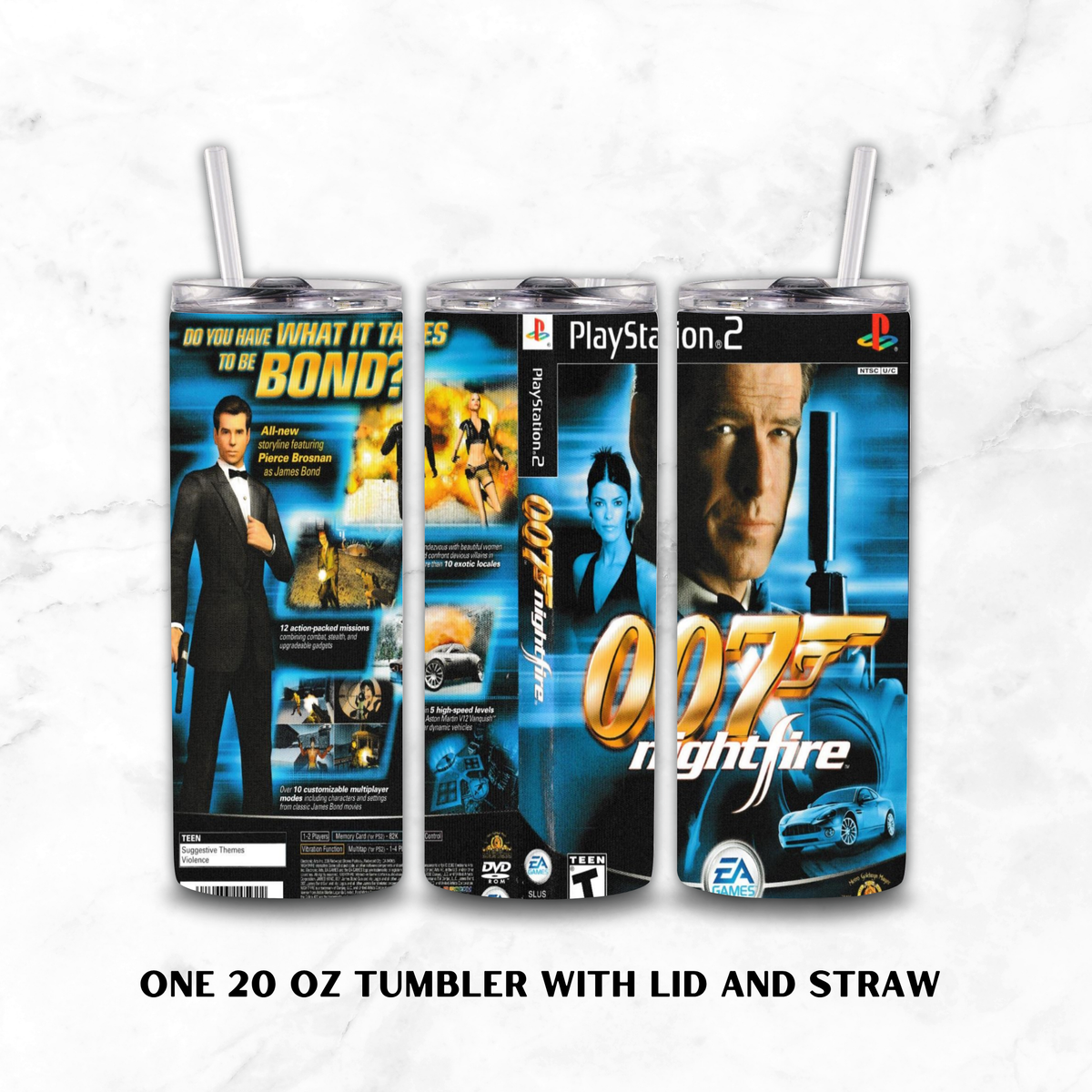 Three views of a 20 oz skinny tumbler with lid and straw, wrapped in a James Bond 007 Nightfire PlayStation 2 video game cover design, shown on a white marble background.