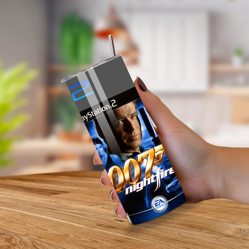Hand holding a 20oz Tumbler with '007 Nightfire' branding on a wooden surface.