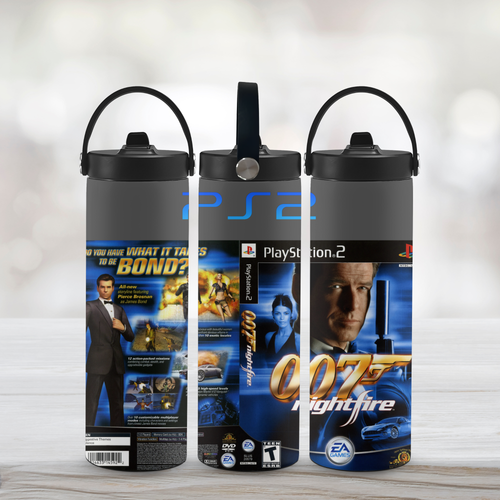 Three Sports Water Bottle with '007 Nightfire' and 'PlayStation 2' branding on a light background.