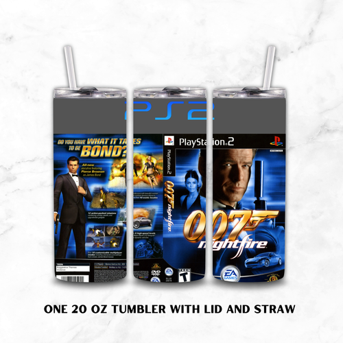 Three 20 oz tumblers with lids and straws shown from the front, back, and side, featuring a PlayStation 2 007: Nightfire movie game design. The tumblers are displayed on a white marble background with text at the bottom reading 'ONE 20 OZ TUMBLER WITH LID AND STRAW'.