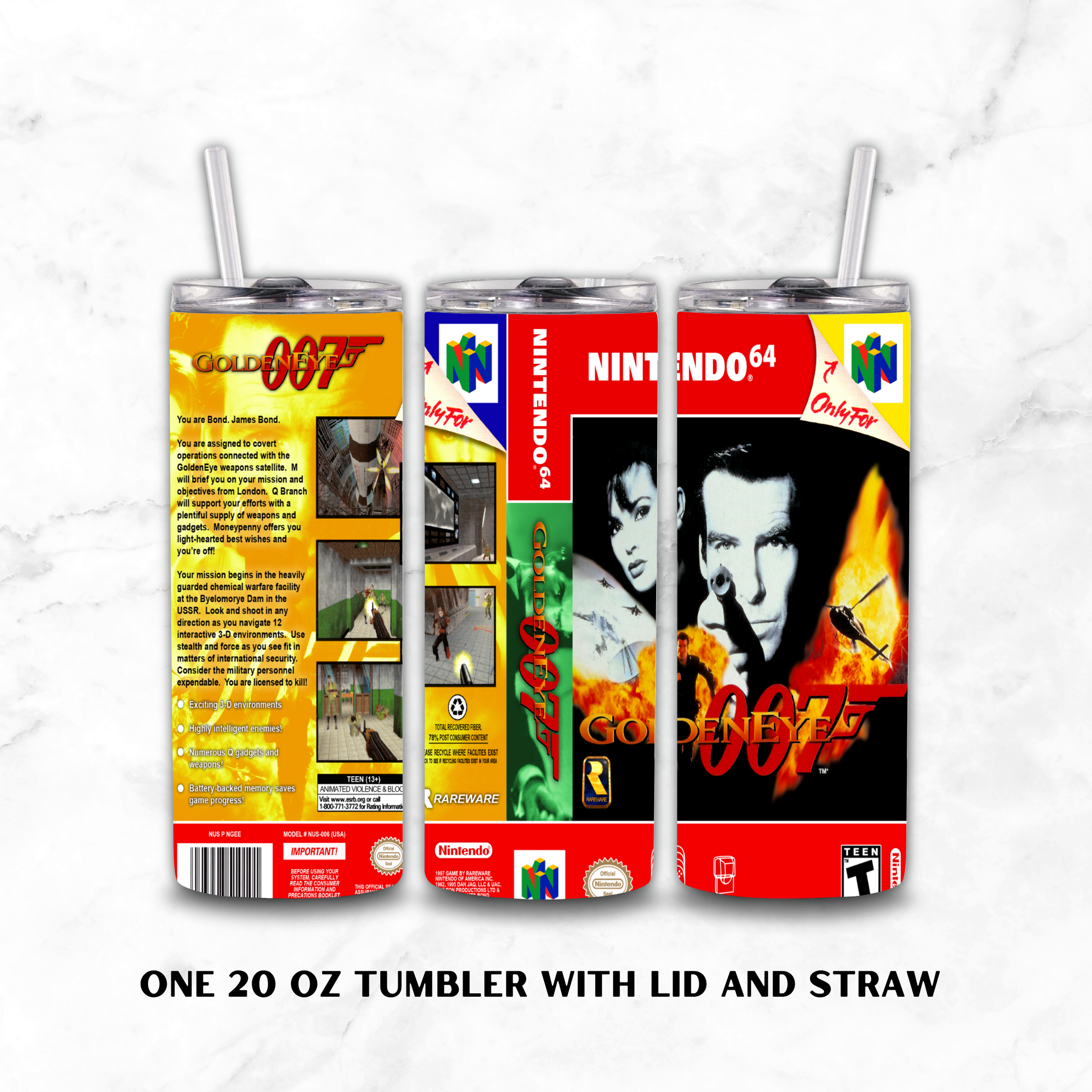 Three views of a 20 oz tumbler with lid and straw, featuring a Golden Eye 007 design. The left view shows the back with text and images, the middle shows the side with Nintendo 64 branding, and the right shows the front with a portrait of James Bond.