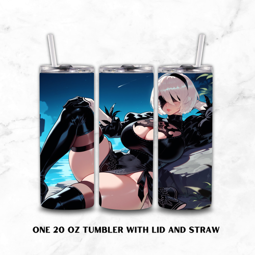 Three views of a 20 oz tumbler with lid and straw, featuring an anime-style illustration of 2B in a black bodysuit on a blue background, set against a white marble texture.