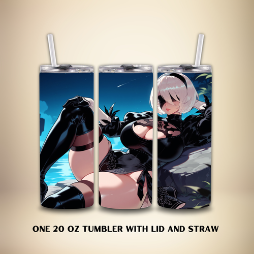 Three 20oz Tumblers with an anime character 2B of Nier with a tan background.