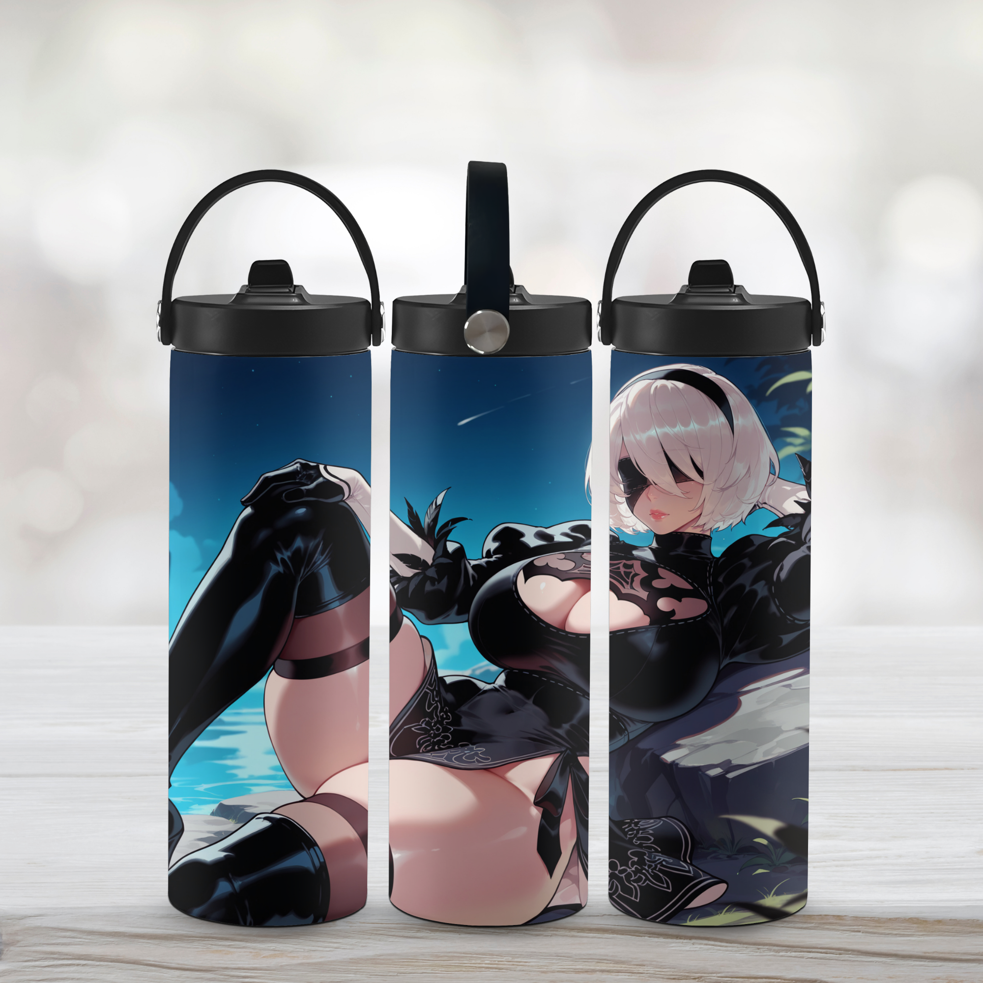 Three 20oz Sports Water Bottles with anime character 2B of Nier. 
