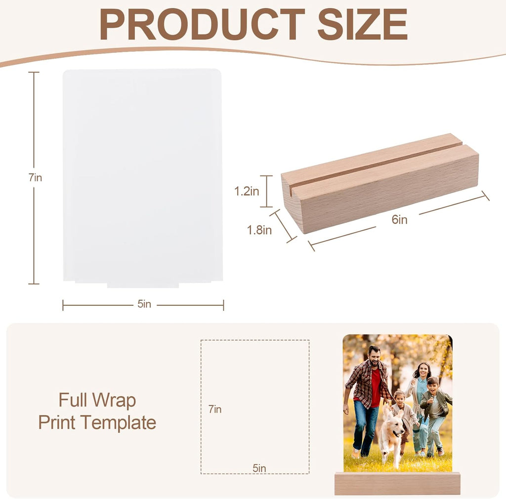 Product size chart of a night light with dimensions of a full wrap print template and a wooden frame.