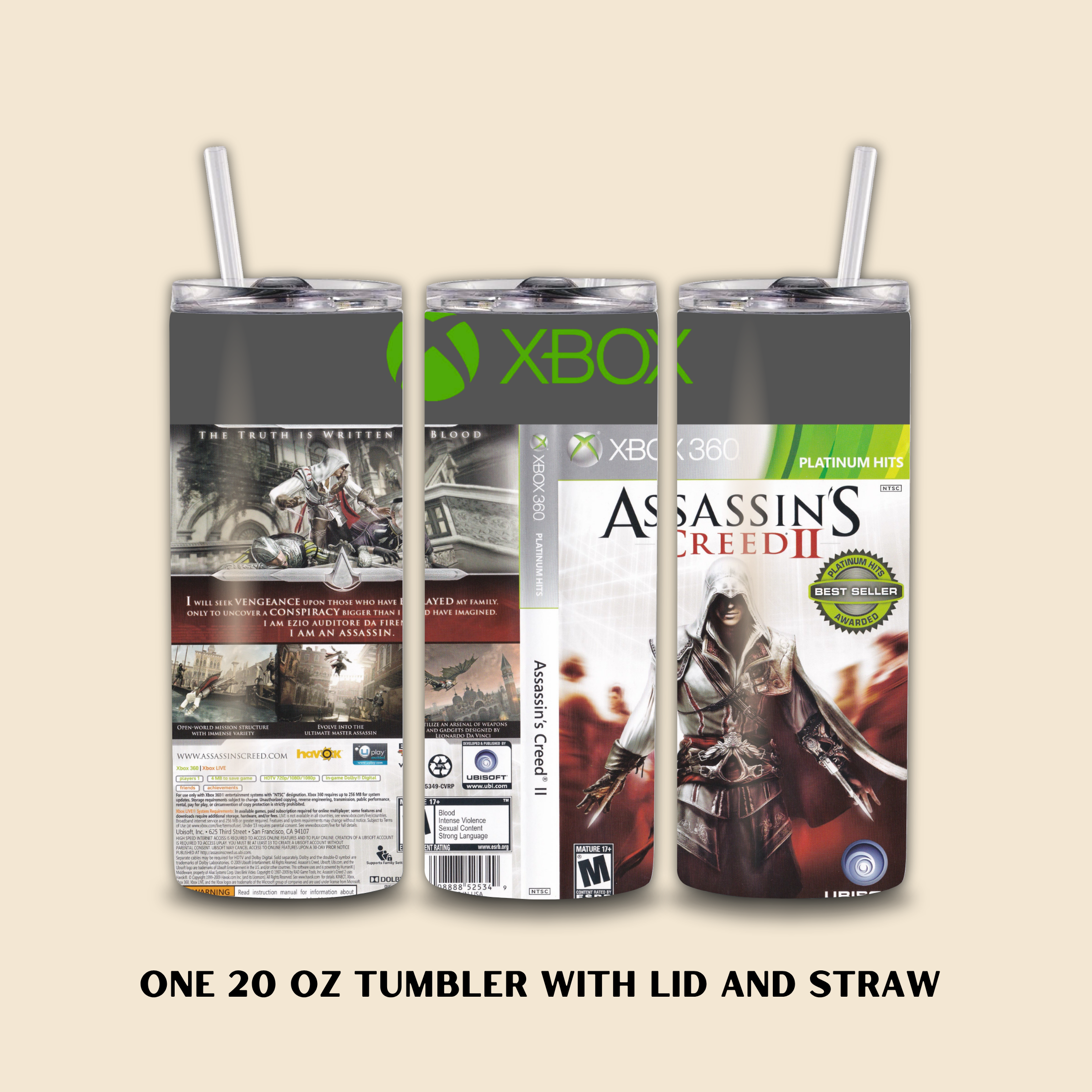 Tumbler with lid and straw featuring Xbox and Assassin's Creed branding on a beige background