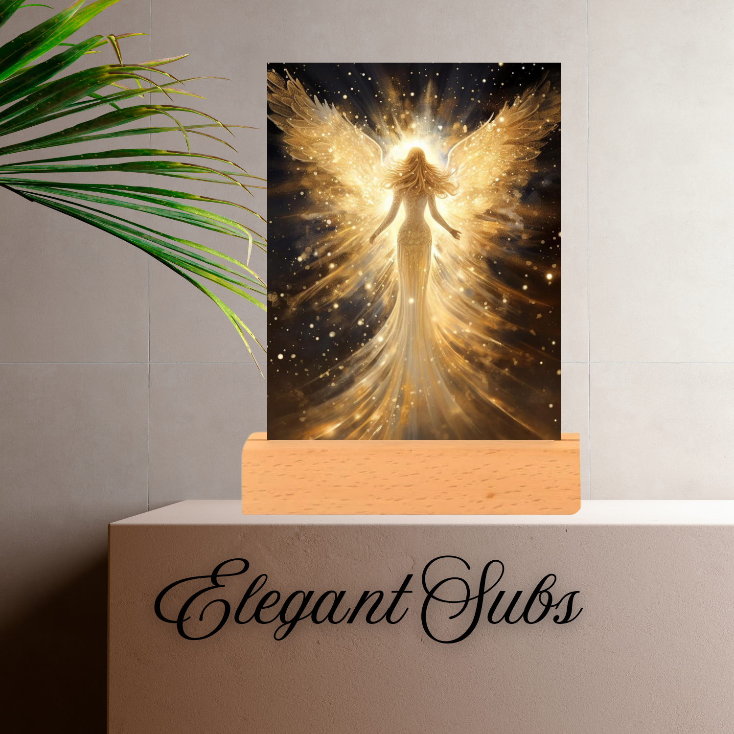 Decorative angel night light on a stand with 'Elegant Subs' branding.
