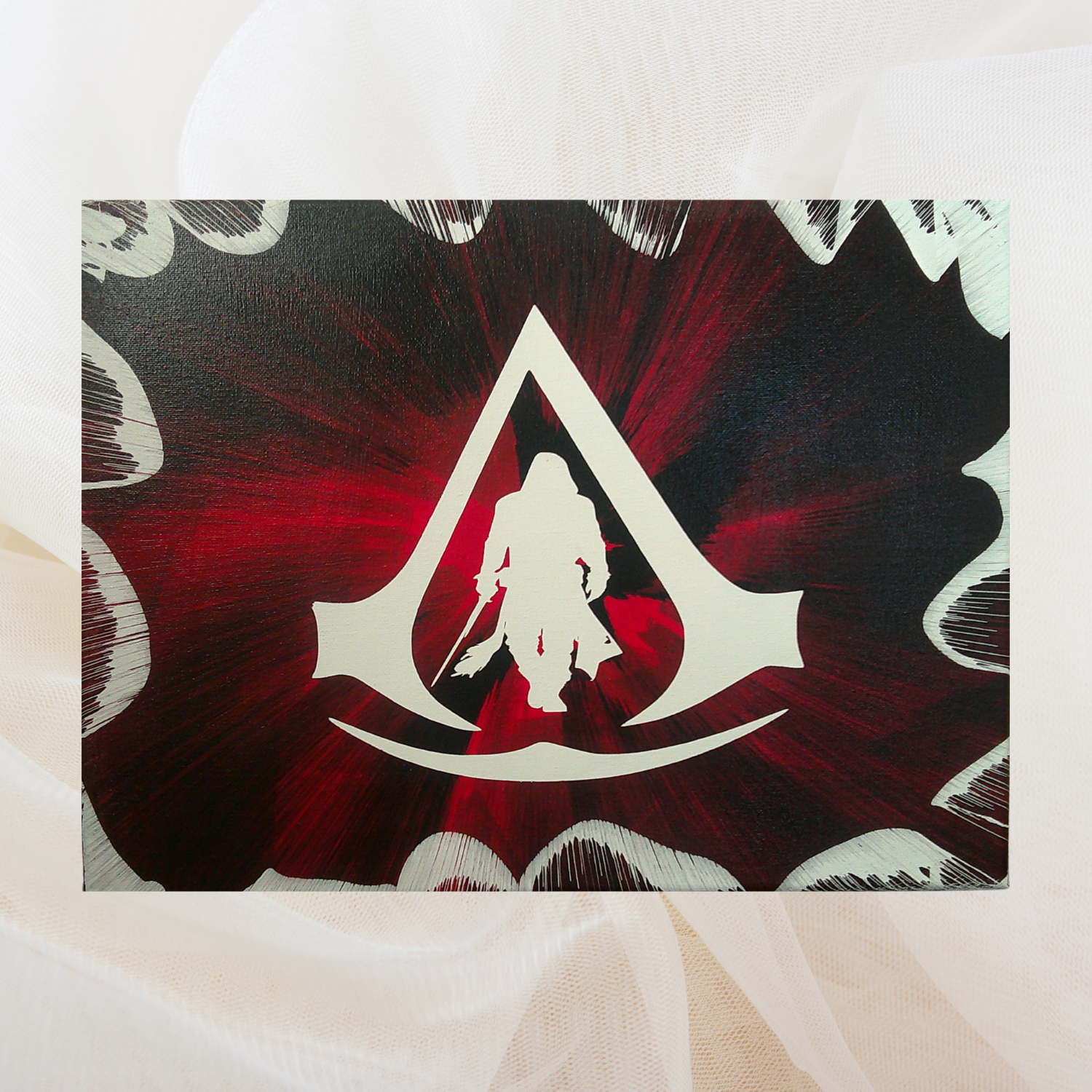 Assassin's Creed spin art canvas on a white background