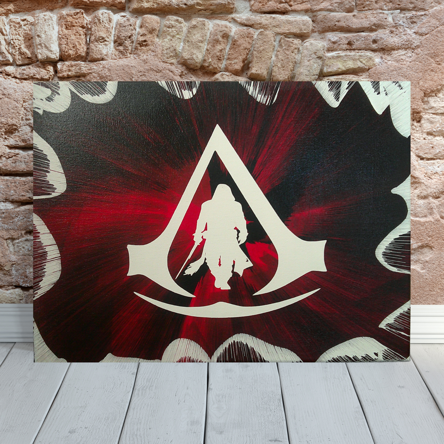 Assassin's Creed spin art canvas against a brick wall.