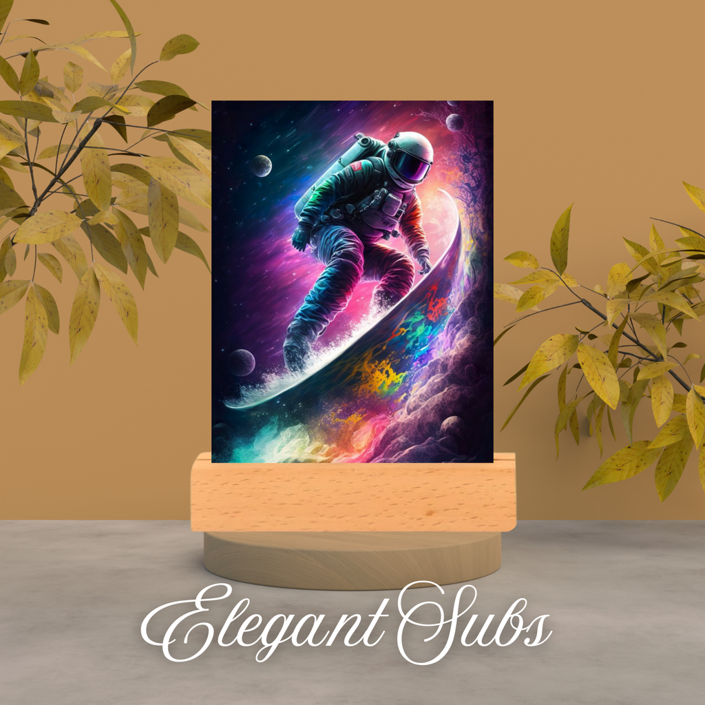 Colorful space-themed night light on a stand with 'Elegant Subs' branding