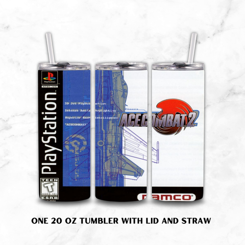 Three views of a 20 oz tumbler with lid and straw, featuring PlayStation and Ace Combat 2 graphics on a white marble background.