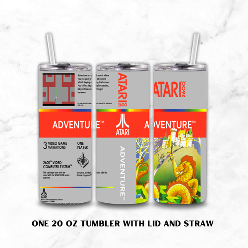 Three views of a 20 oz stainless steel tumbler with lid and straw, featuring retro Atari Adventure graphics on a white marble background. The designs include a gray and red map graphic, a gray and red Atari logo with Adventure text, and a colorful green and yellow scene with a dragon.
