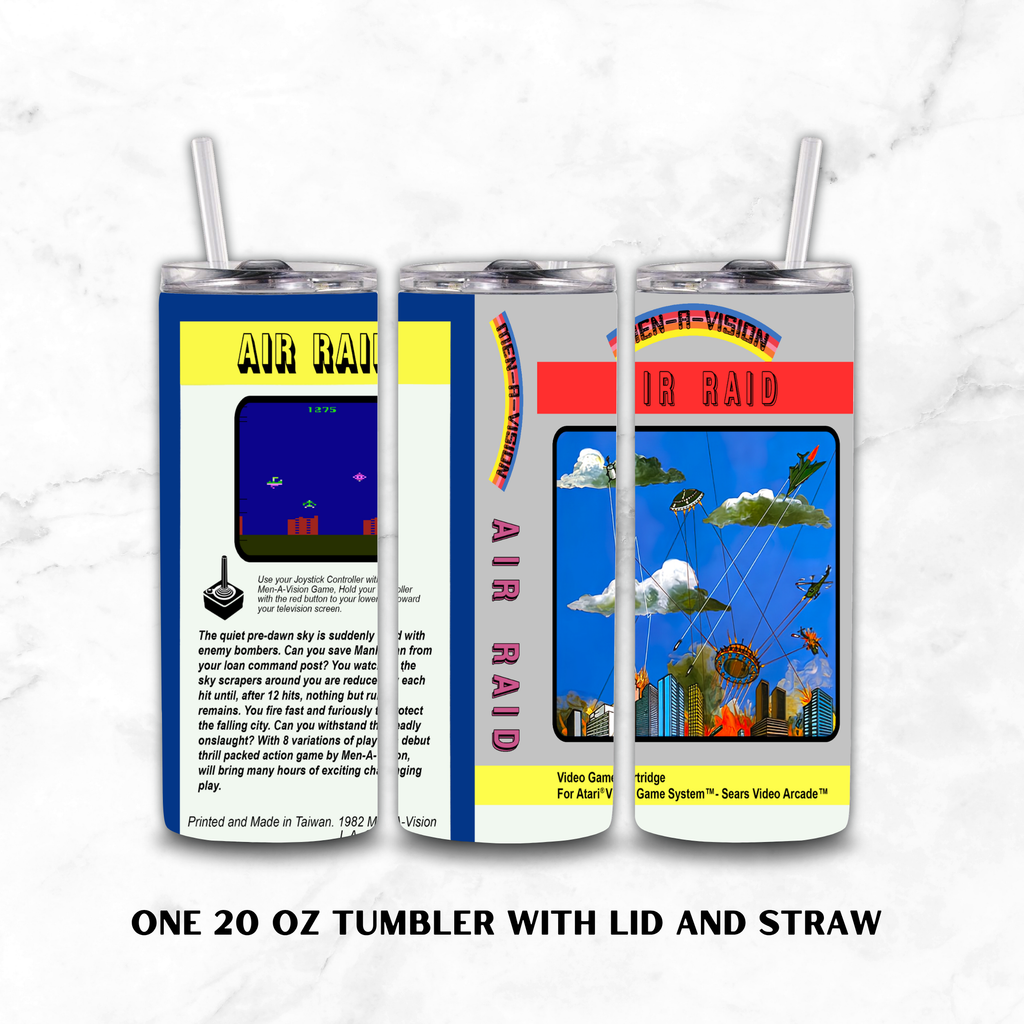 Three views of a 20 oz insulated tumbler with lid and straw, printed with retro arcade game artwork for 'Air Raid' on a white marble background. The artwork includes blue sky, fighter jets, helicopters, buildings, and text blocks.