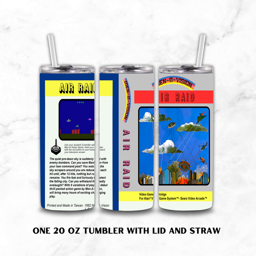 Three views of a 20 oz insulated tumbler with lid and straw, printed with retro arcade game artwork for 'Air Raid' on a white marble background. The artwork includes blue sky, fighter jets, helicopters, buildings, and text blocks.