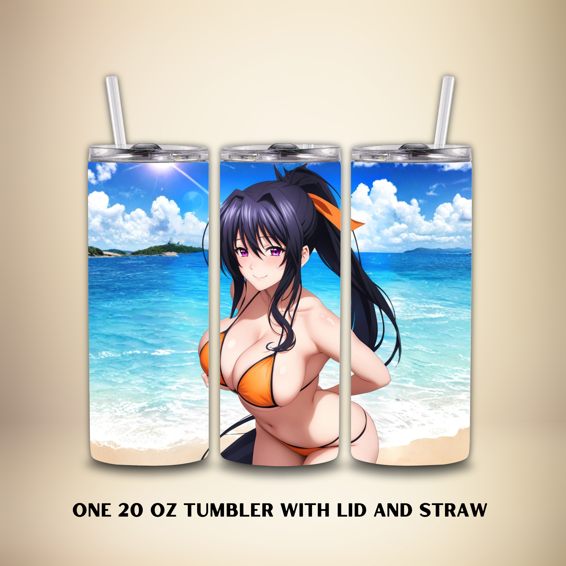 Three 20oz tumblers with anime character Akeno Himejima of High School DxD with a tan background.