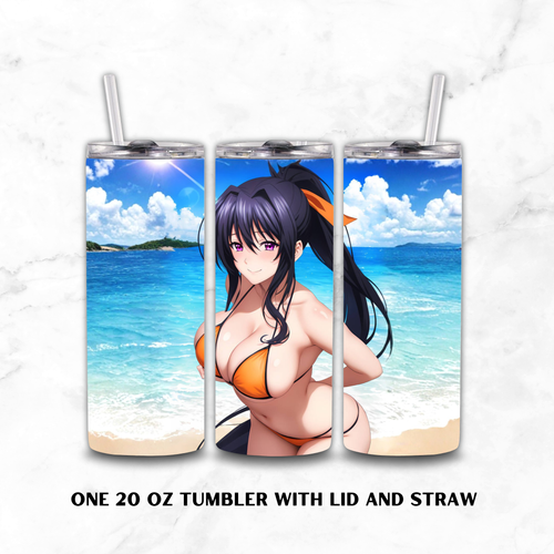 Three views of a 20 oz tumbler with lid and straw, featuring an anime-style illustration of a woman (Akeno Himejima) in an orange bikini on a beach. The tumbler wraps around the image, with a white marble background and the text 'ONE 20 OZ TUMBLER WITH LID AND STRAW' below.