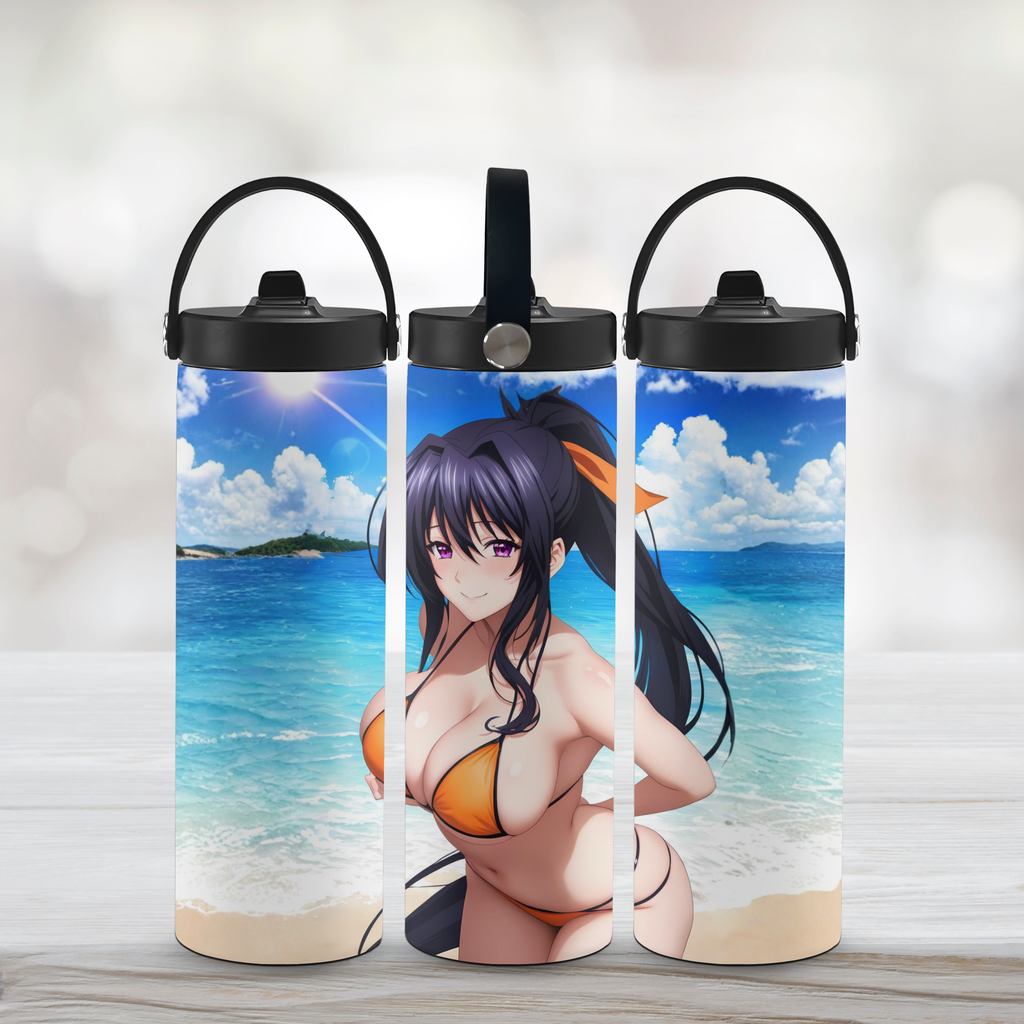 Three sports water bottles of anime character Akeno Himejima of High School DxD with a white background. 