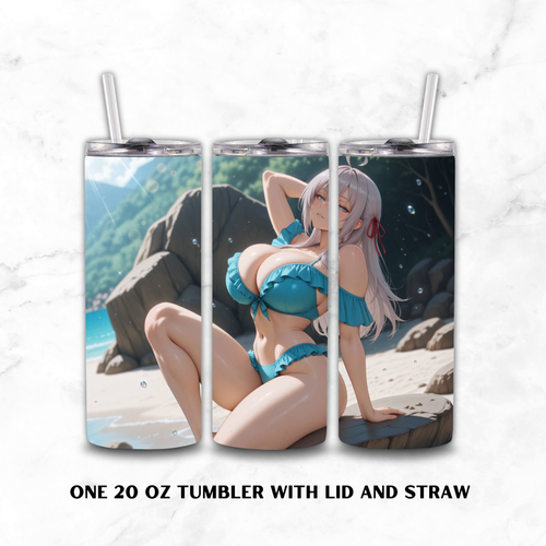 Three views of a 20 oz tumbler with lid and straw, featuring a printed anime-style illustration of a woman (Alya) in a blue bikini on a beach. The tumbler is shown against a white marble background with the text 'ONE 20 OZ TUMBLER WITH LID AND STRAW' below.