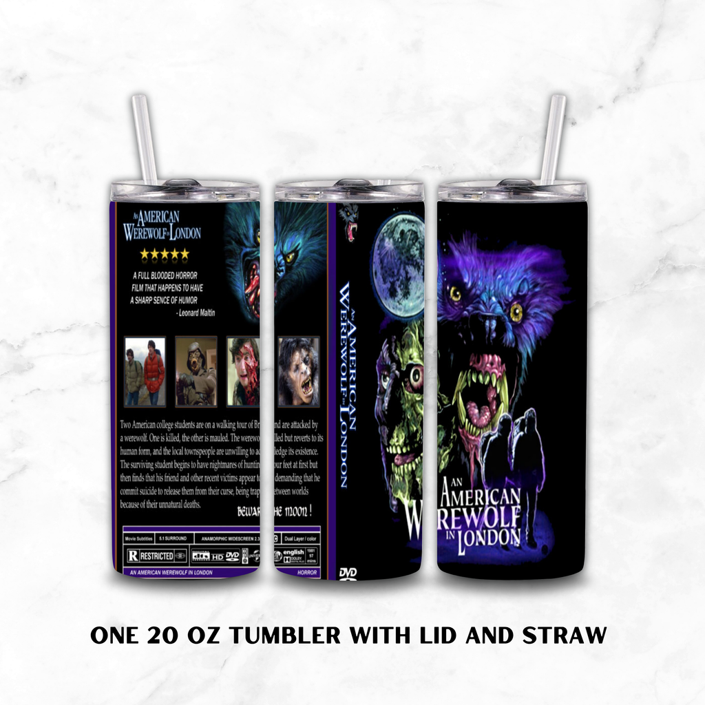 Three views of a 20oz tumbler with lid and straw. The tumbler features "An American Werewolf in London" movie graphics on a white marble background.