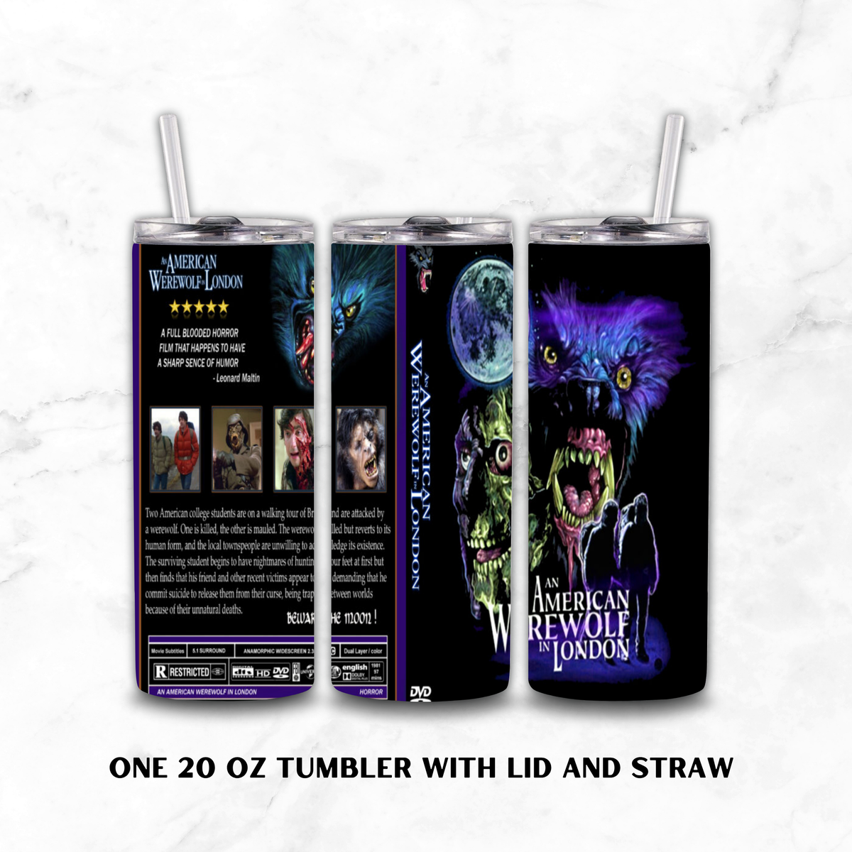 Three views of a 20oz tumbler with lid and straw. The tumbler features "An American Werewolf in London" movie graphics on a white marble background.