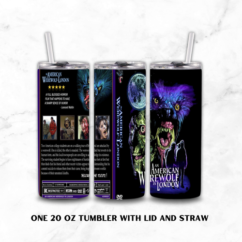 Three views of a 20oz tumbler with lid and straw. The tumbler features "An American Werewolf in London" movie graphics on a white marble background.