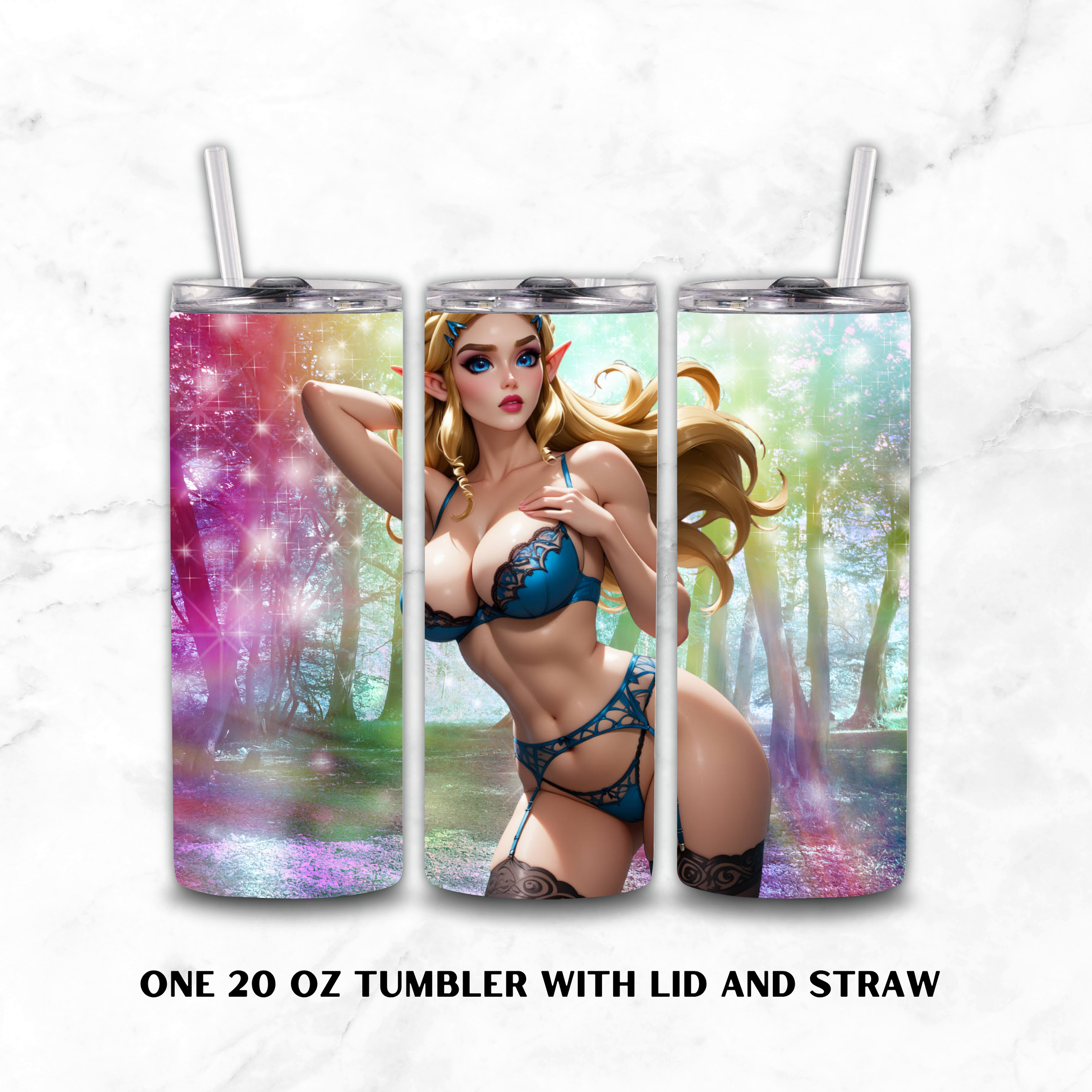 Three views of a 20 oz stainless steel tumbler with lid and straw, featuring Princess Zelda in blue lingerie against colorful forest and starry backdrops, shown on a light marble background with text reading 'ONE 20 OZ TUMBLER WITH LID AND STRAW'.