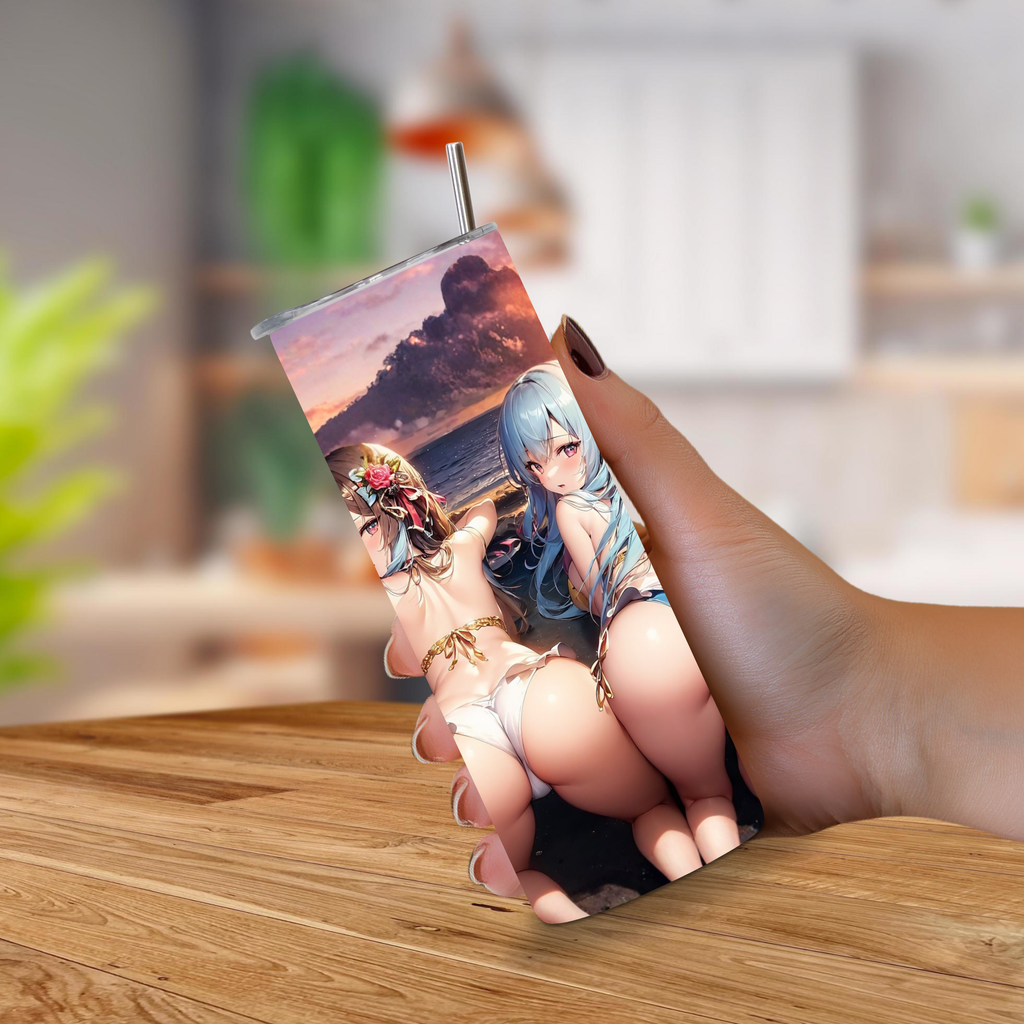 Person holding a tumbler with anime girls design on a wooden table