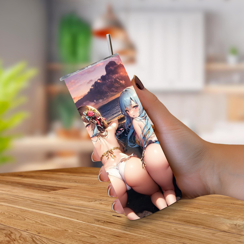 Person holding a tumbler with anime girls design on a wooden table