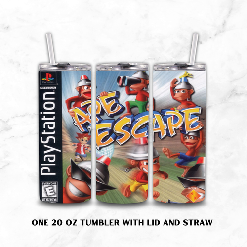 Three views of a 20 oz stainless-steel tumbler with lid and straw, featuring a wrap-around PlayStation 'Ape Escape' video game cover design on a white marble background.