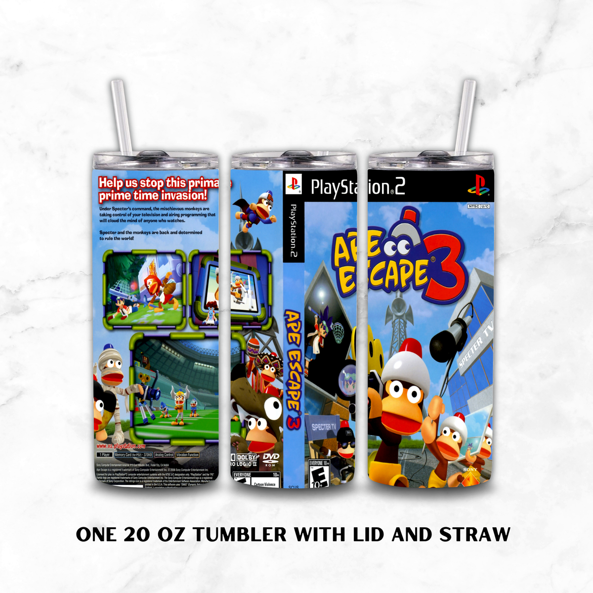 Three views of a 20 oz tumbler with lid and straw, wrapped in a PlayStation 2 themed 'Ape Escape 3' cartoon graphic, shown on a white marble background with text below.