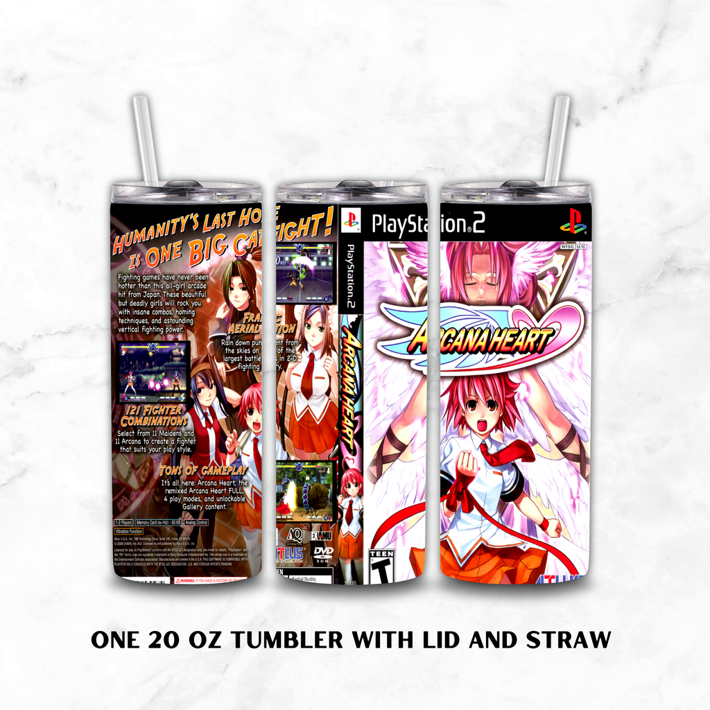 Three views of a 20 oz tumbler with lid and straw, wrapped in a PlayStation 2 themed featuring Arcana Heart. The tumbler is shown from the back, side, and front against a white marble background.