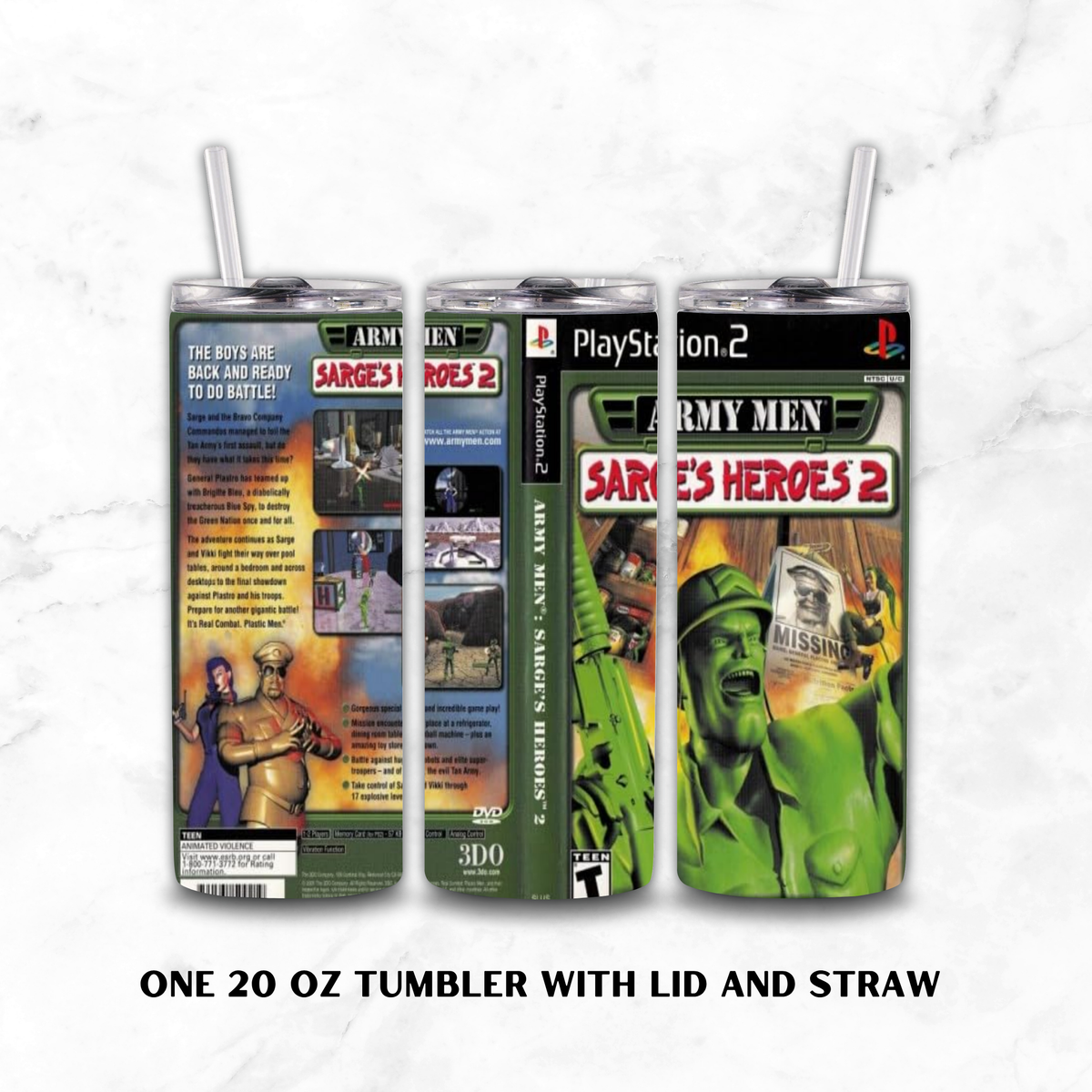 Three views of a 20 oz tumbler with lid and straw, printed with Army Men Sarge's Heroes 2 video game artwork, shown on a white marble background with text reading 'ONE 20 OZ TUMBLER WITH LID AND STRAW'.
