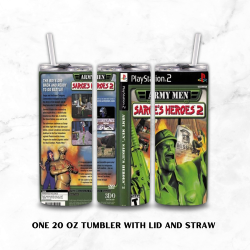 Three views of a 20 oz tumbler with lid and straw, printed with Army Men Sarge's Heroes 2 video game artwork, shown on a white marble background with text reading 'ONE 20 OZ TUMBLER WITH LID AND STRAW'.