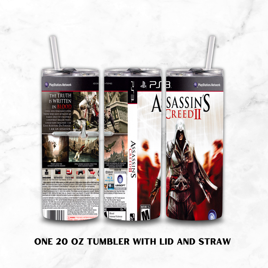 Three views of a 20 oz tumbler with lid and straw, wrapped in a custom Assassin's Creed II PlayStation 3 skin, displayed on a white marble background.
