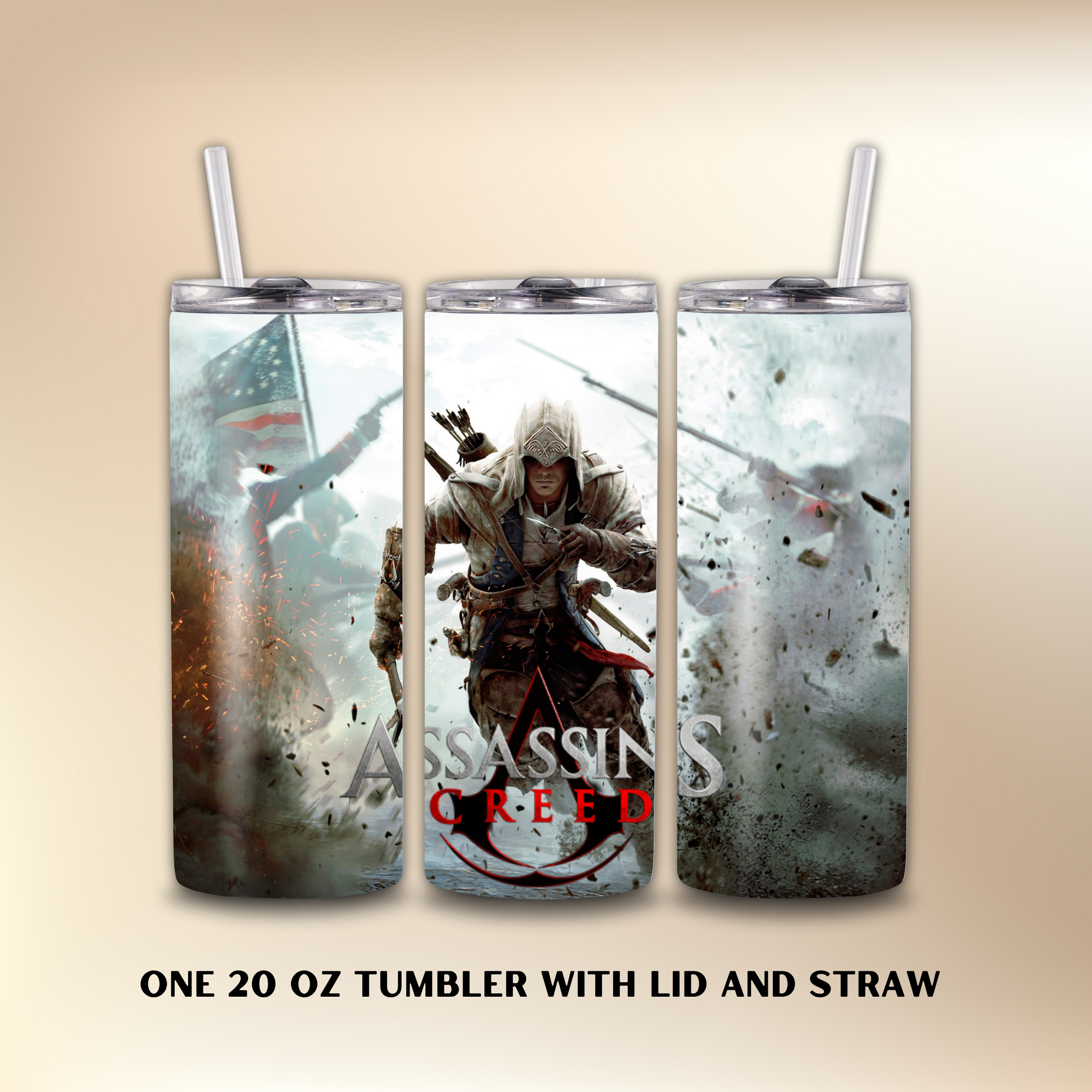 Three Assassin's Creed 20 oz tumblers with lid and straw on a beige background