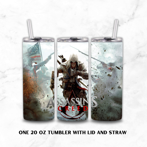 Three views of a 20 oz skinny tumbler with lid and straw, featuring an Assassin's Creed graphic wrap. The center view shows the character Connor with the Assassin's Creed logo, flanked by two side views showing the dramatic battle scene artwork.