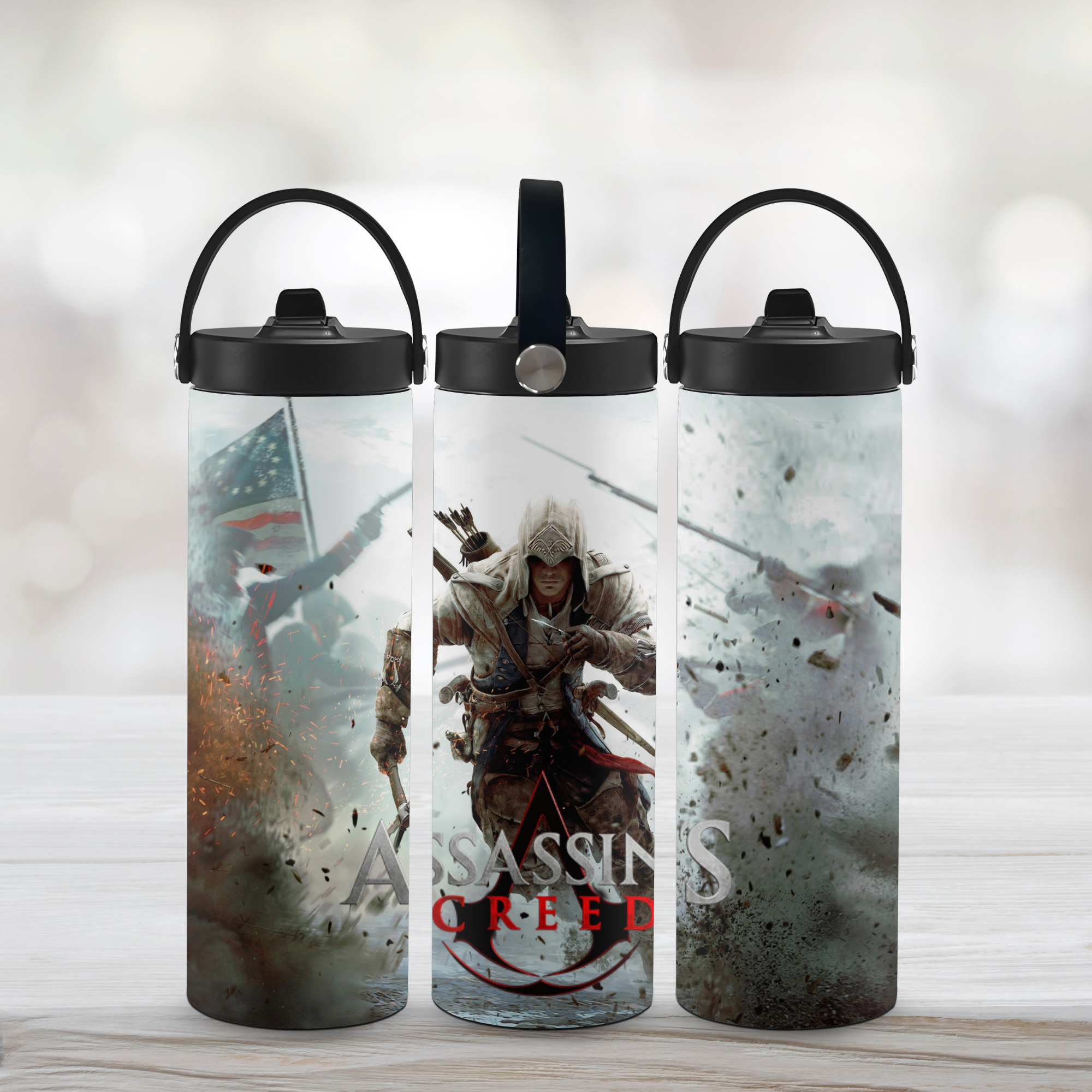 Three Assassin's Creed-themed sports water bottles on a light background