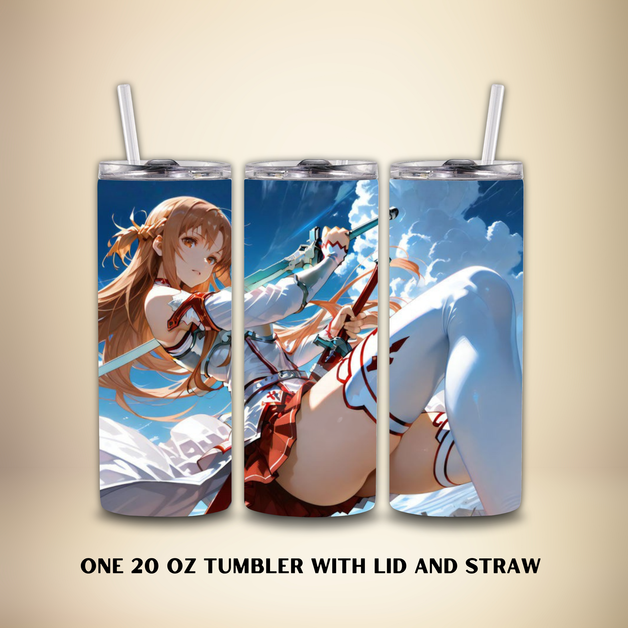 Three 20oz Tumblers with anime character Asuna of Blue Archive with a tan background.