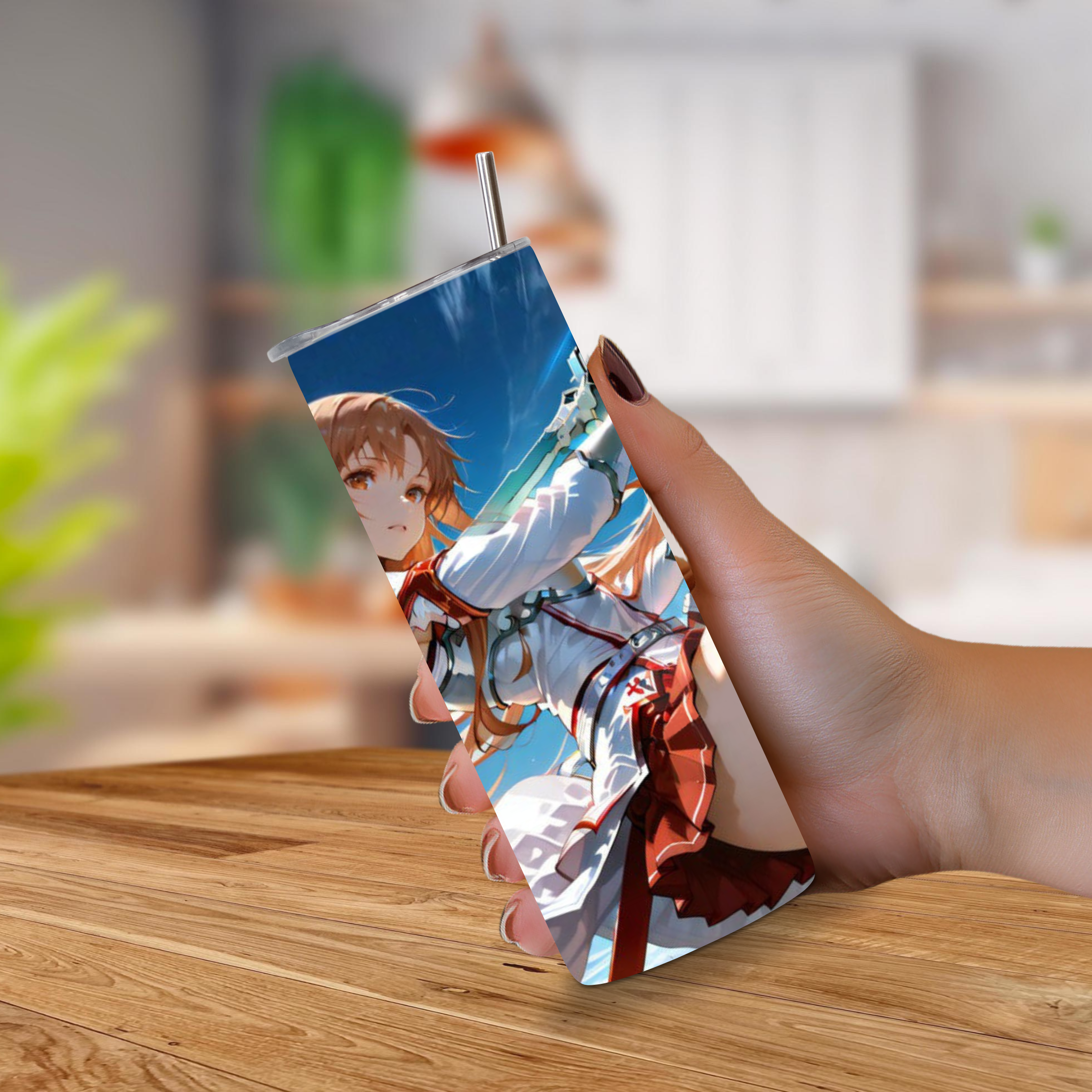Hand holding a 20oz tumbler with anime character Asuna of Blue Archive with wood background.