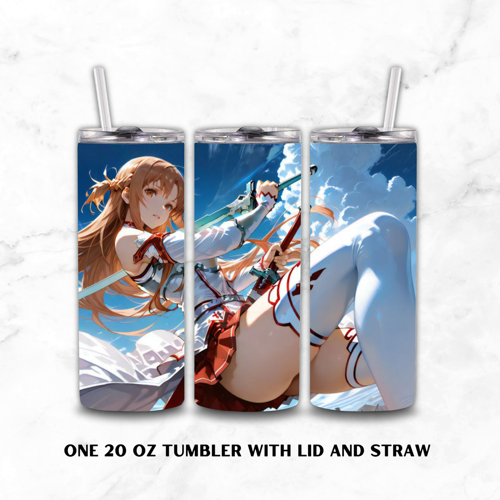 Three views of a 20 oz insulated tumbler with lid and straw, featuring anime artwork of a female character Asuna Yuuki in a school uniform against a blue sky and clouds. The tumbler is shown on a light marble background with text reading 'ONE 20 OZ TUMBLER WITH LID AND STRAW'.