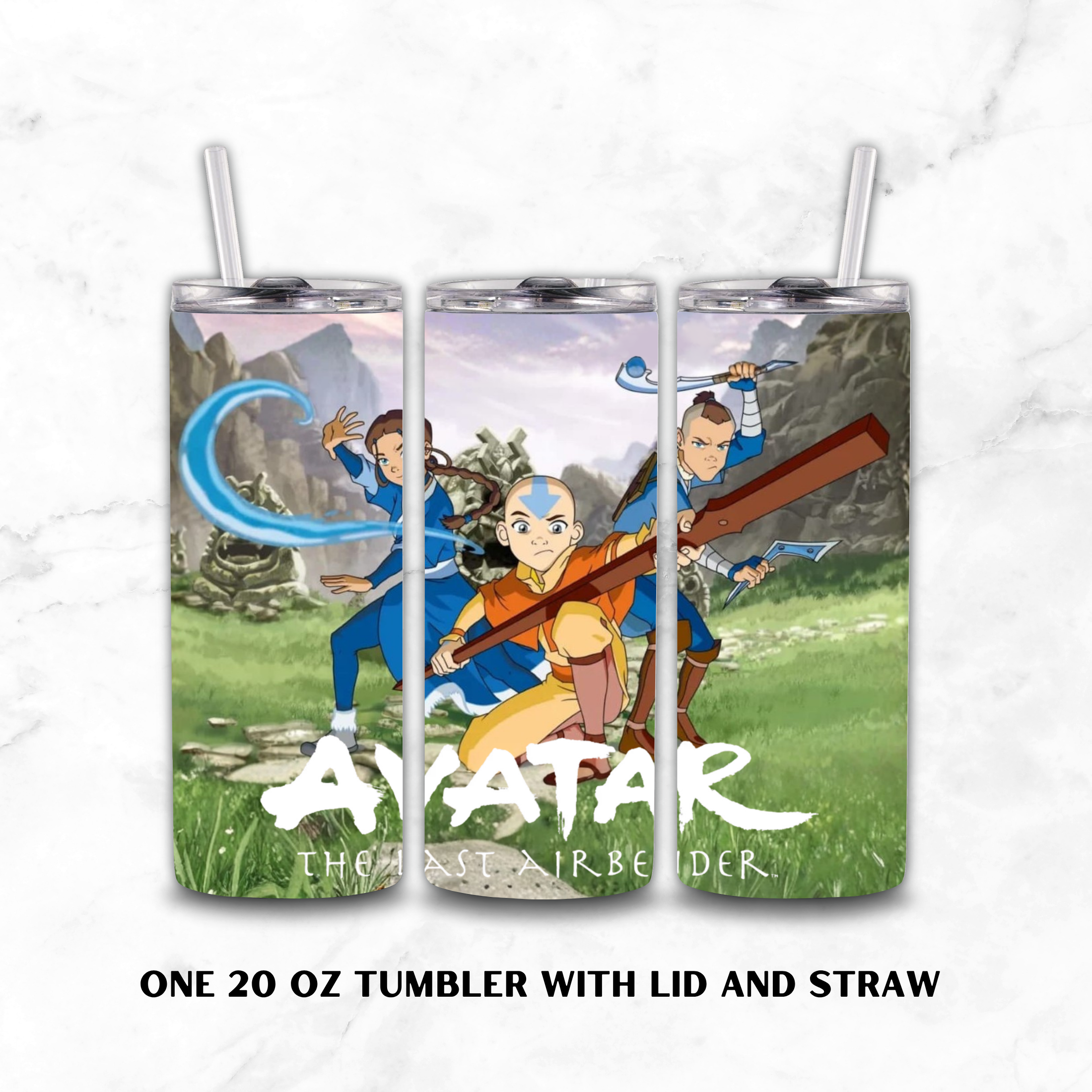 Three 20 oz tumblers with lids and clear straws, printed with an Avatar: The Last Airbender group scene and the title text, shown on a light marble background.