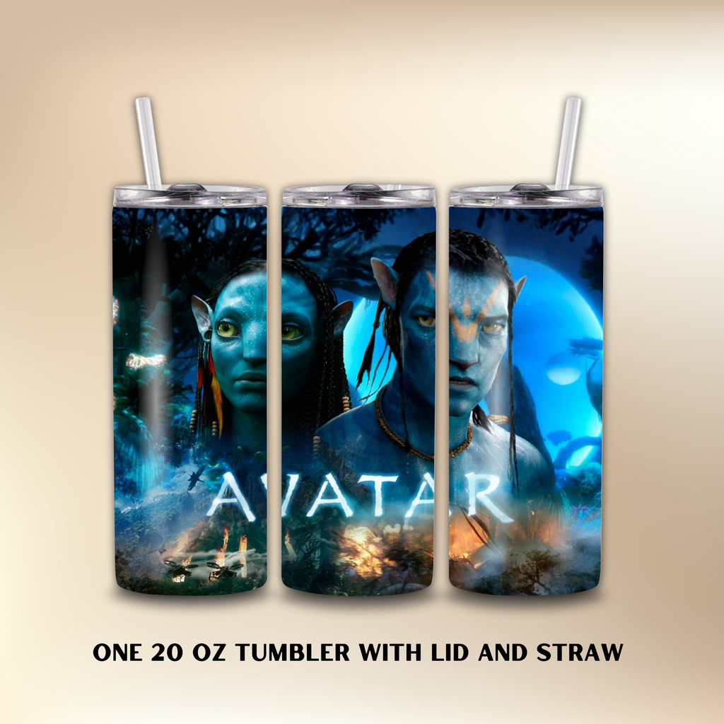 Avatar-themed tumbler with lid and straw on a beige background