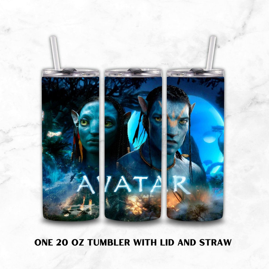 Three views of a 20 oz insulated tumbler with lid and straw, featuring an Avatar: the movie themed wrap design with blue characters and the word 'AVATAR' on a white marble background.