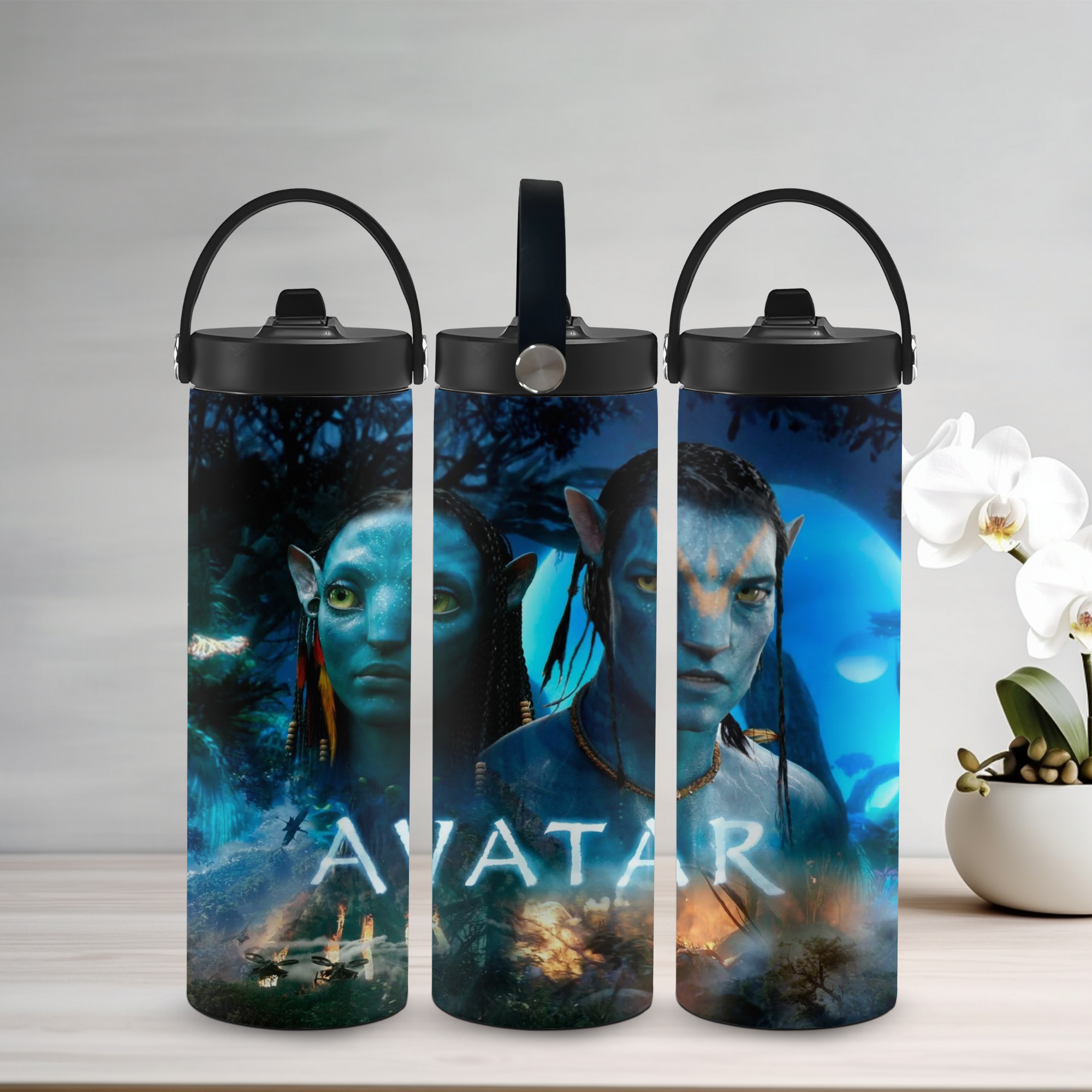 Three water bottles with 'Avatar' design on a light gray background