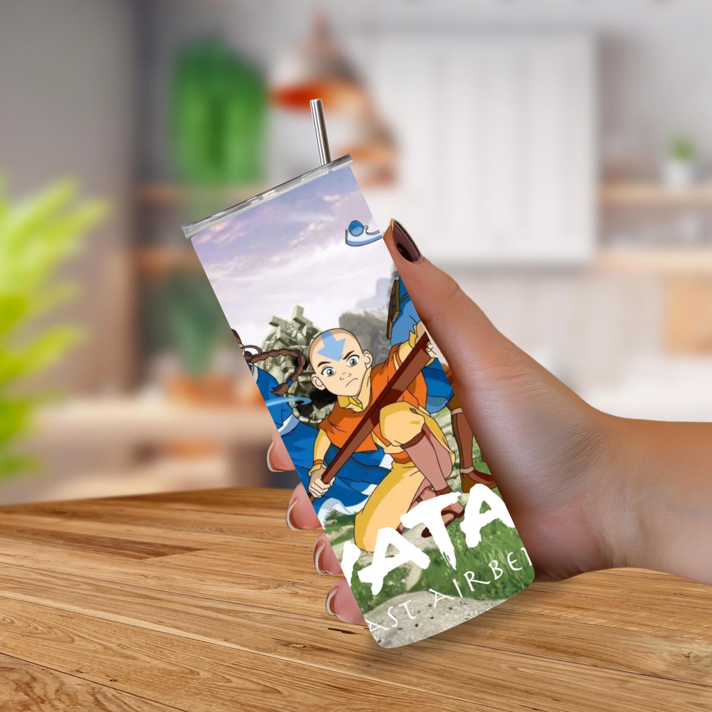A hand holding a 20oz tumbler with a metal straw, featuring an illustrated print of Aang from Avatar: The Last Airbender.