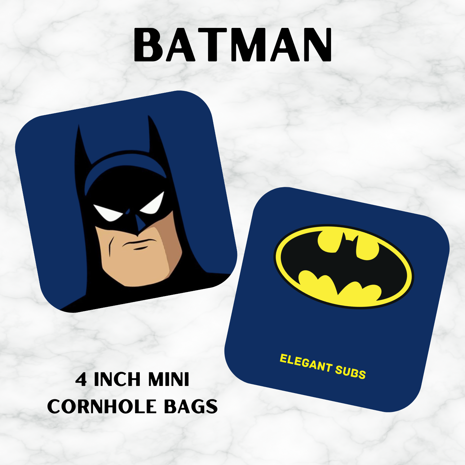 Two Batman-themed cornhole bags on a white background with 'Batman' text above.