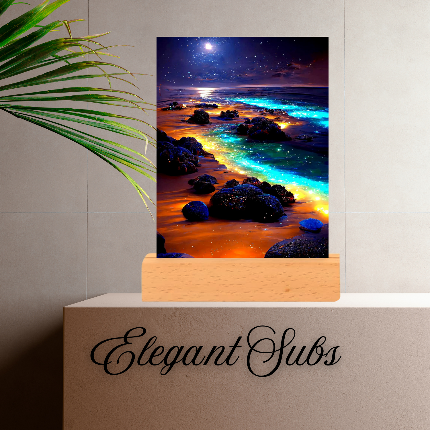Colorful beach scene night light on a wooden stand with 'Elegant Subs' branding.