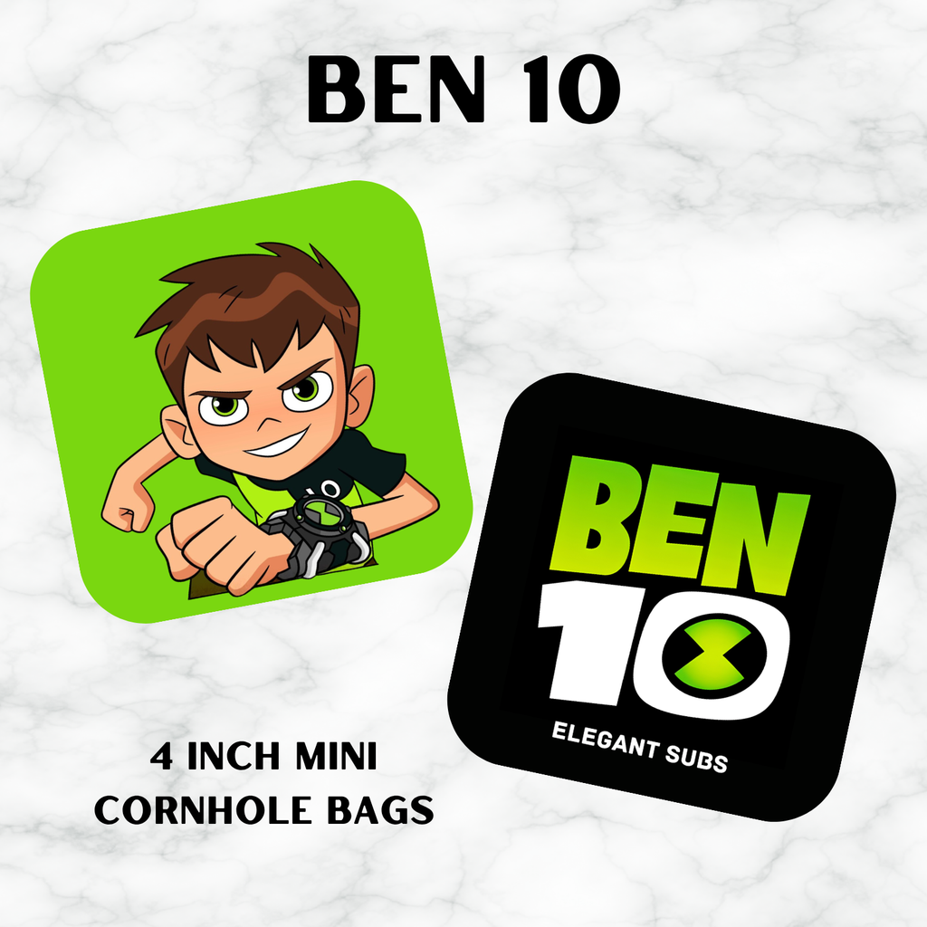 Two cornhole bags with Ben 10 character and logo on a white background